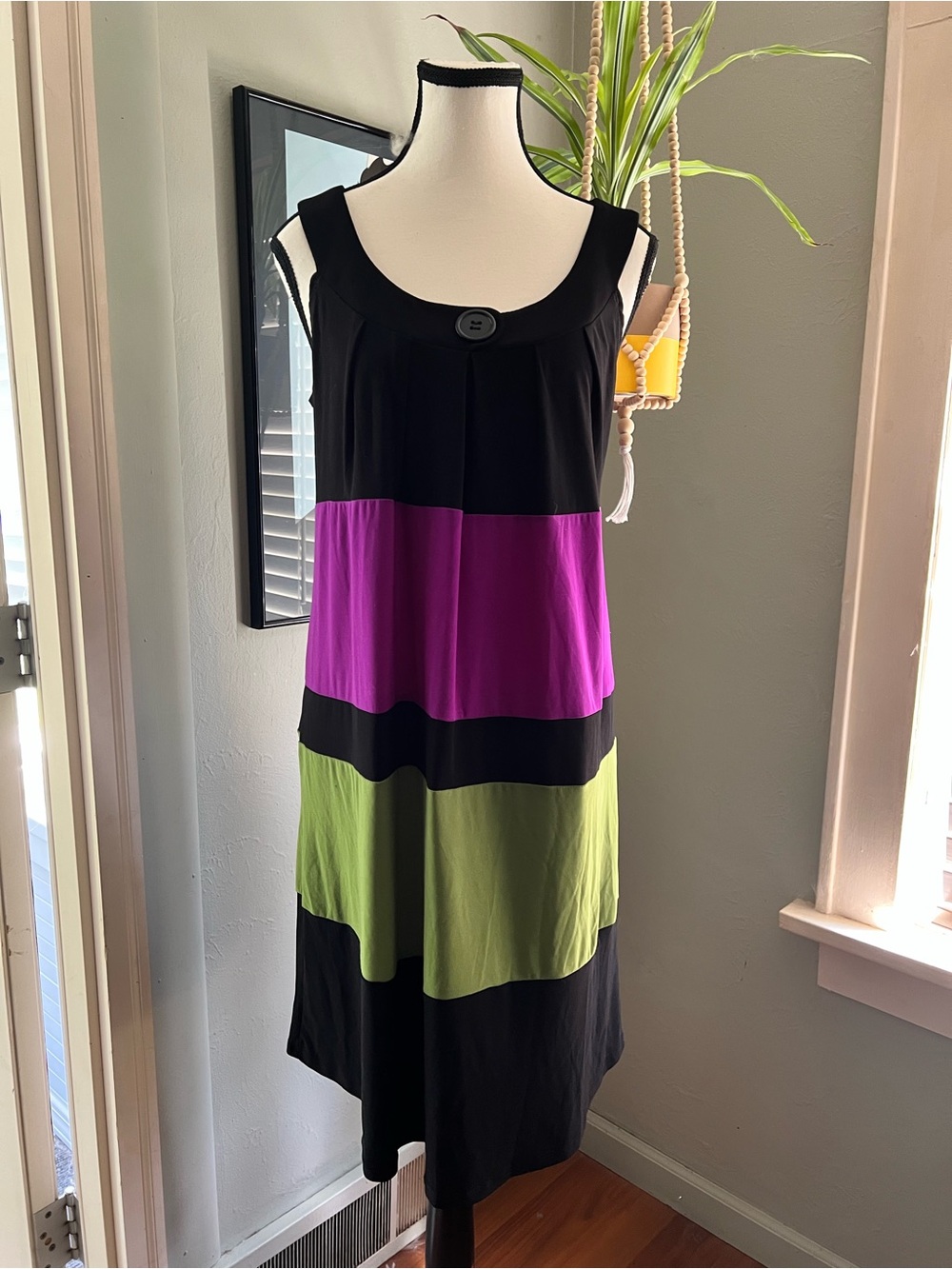 Blu Sage sz M colorblock sleeveless shift dress horizontal panels, tie rear .